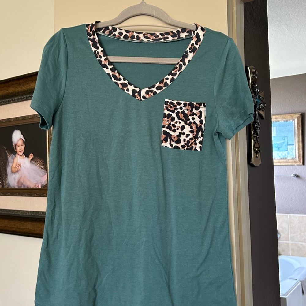 Olive Color Tee with Animal Print Trim and Pocket